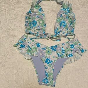 aerie women medium Floral Ruffle Bikini Set - Blue & Green purple multi